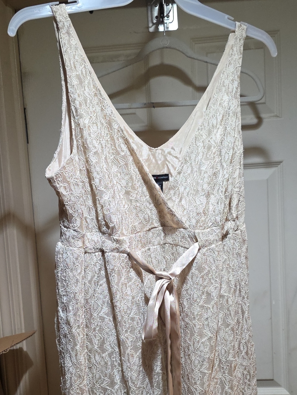 New York & Company Cream Lace Strapless V-Neck Dress with Satin Tie